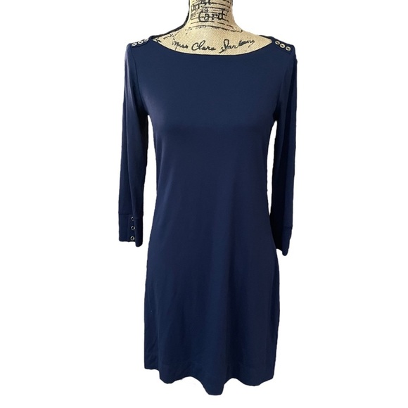 Lilly Pulitzer UPF 50+ Sophie Dress Navy Blue 3/4 Sleeve Gold Buttons Sz Small - Picture 1 of 6